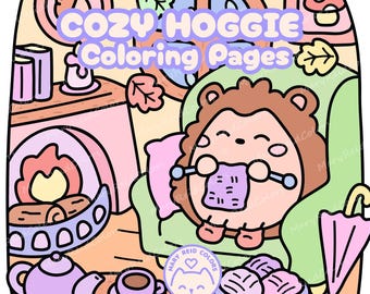May include: A cartoon illustration of a hedgehog knitting in a cosy living room. The image includes a fireplace, teapot, teacup, and the text "COZY HOGGIE Coloring Pages". The colour palette is soft pastels.
