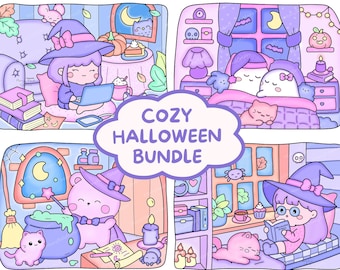 Op de afbeelding: Een digitale illustratie getiteld COZY HALLOWEEN BUNDLE met vier scènes in pasteltinten met personages in heksenhoeden, spoken en katten. Het kunstwerk bevat pompoenen, boeken, een ketel en magische elementen in tinten paars, roze en blauw.