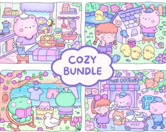 Cozy Coloring Book Bundle, Comfy Kawaii Printable Pages (PDF Download)