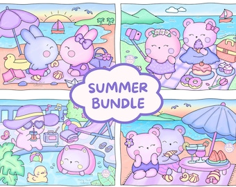 Puede incluir: Un conjunto de ilustraciones digitales titulado SUMMER BUNDLE que presenta cuatro paneles de animales de dibujos animados en escenas de verano. Los paneles muestran conejos en la playa, osos de picnic, un gato en una piscina y osos relajándose.