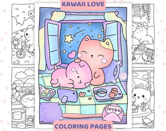 Kawaii Coloring Pages For Adults, Cozy Coloring Pages, Valentine Coloring Pages, Cute Kawaii Valentine, Relaxing Prints, Japanese Kawaii