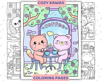 Kawaii Coloring Pages For Adults, Cozy Coloring Pages, Kawaii Coloring Sheets, Cute Japanese Stuff, Relaxing Prints, Cozy Printable