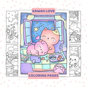 Kawaii Coloring Pages For Adults, Cozy Coloring Pages, Valentine Coloring Pages, Cute Kawaii Valentine, Relaxing Prints, Japanese Kawaii