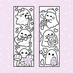 May include: Two vertical rectangular bookmarks featuring black and white line art of ghosts. The left bookmark shows a ghost singing, a ghost playing guitar, and a ghost drumming. The right bookmark shows a ghost painting, holding a picture frame, and holding a brush.