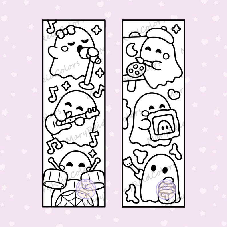 May include: Two vertical rectangular bookmarks featuring black and white line art of ghosts. The left bookmark shows a ghost singing, a ghost playing guitar, and a ghost drumming. The right bookmark shows a ghost painting, holding a picture frame, and holding a brush.