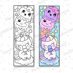 Puede incluir: Un marcap&aacute;ginas para colorear en blanco y negro con un unicornio sosteniendo un cono de helado. El unicornio est&aacute; rodeado de estrellas y corazones. El marcap&aacute;ginas est&aacute; al lado de una versi&oacute;n coloreada del marcap&aacute;ginas, que muestra un unicornio sosteniendo un cono de helado rosa y morado.