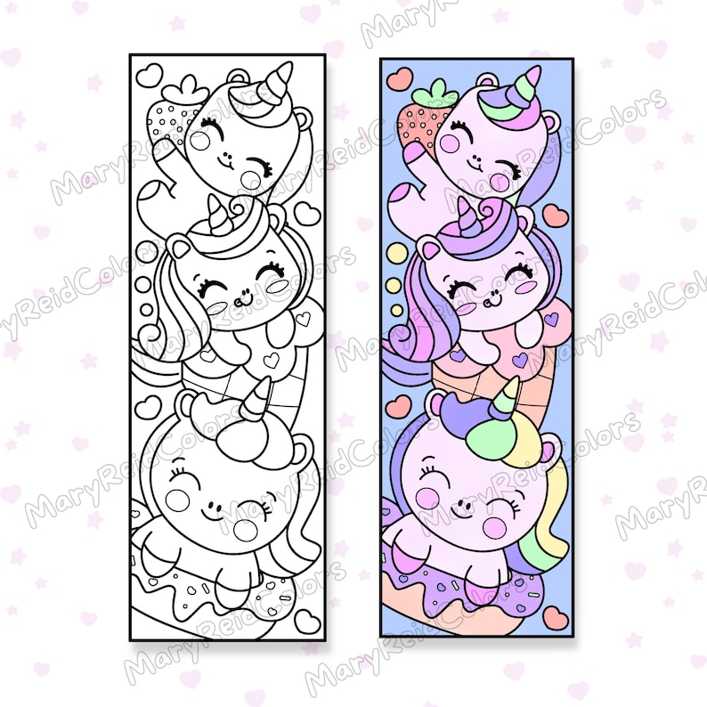 Puede incluir: Un marcador de p&aacute;gina imprimible en blanco y negro con cuatro ilustraciones de unicornios apilados con conos de helado y corazones. El marcador de p&aacute;gina est&aacute; listo para ser coloreado.