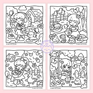 Peut inclure: Quatre pages &agrave; colorier en noir et blanc avec des illustrations de dessins anim&eacute;s de filles dans divers environnements ext&eacute;rieurs. Chaque page pr&eacute;sente une fille avec une activit&eacute; diff&eacute;rente, comme promener un chien, prendre le th&eacute; ou lire. Le texte "MARY REID COLORS" est en bas de chaque page.