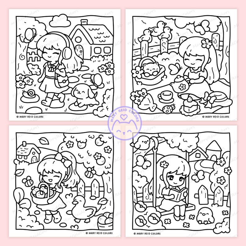 Peut inclure: Quatre pages &agrave; colorier en noir et blanc avec des illustrations de dessins anim&eacute;s de filles dans divers environnements ext&eacute;rieurs. Chaque page pr&eacute;sente une fille avec une activit&eacute; diff&eacute;rente, comme promener un chien, prendre le th&eacute; ou lire. Le texte "MARY REID COLORS" est en bas de chaque page.