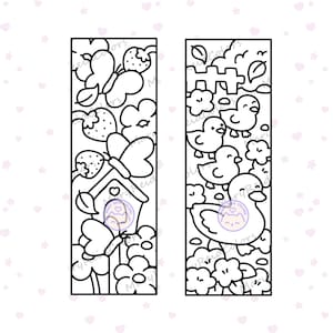 May include: Two black and white bookmarks with spring-themed illustrations. One shows butterflies, strawberries, and a birdhouse. The other depicts ducklings, flowers, and a fence. The designs are outlined with black lines.