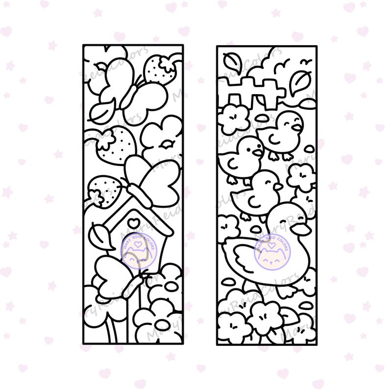 May include: Two black and white bookmarks with spring-themed illustrations. One shows butterflies, strawberries, and a birdhouse. The other depicts ducklings, flowers, and a fence. The designs are outlined with black lines.