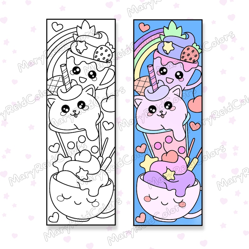 Puede incluir: Un marcap&aacute;ginas para colorear en blanco y negro con una pila de postres de dibujos animados lindos. El marcap&aacute;ginas incluye una taza de helado, un batido con cara de gato y una taza de caf&eacute; con cara de gato. El marcap&aacute;ginas est&aacute; dise&ntilde;ado para ser coloreado.