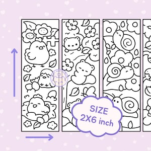 May include: Black and white line art bookmarks with cute animal and flower designs. The bookmarks measure 5 x 15 cm. Designs include chicks, bears, and snails in a garden setting.