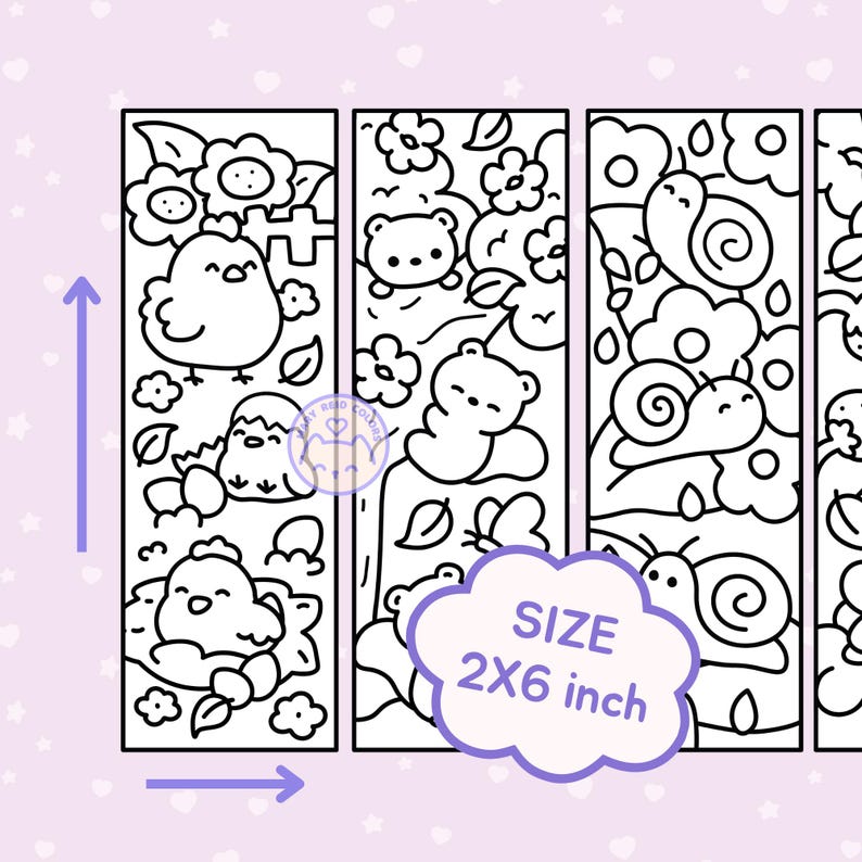 May include: Black and white line art bookmarks with cute animal and flower designs. The bookmarks measure 5 x 15 cm. Designs include chicks, bears, and snails in a garden setting.