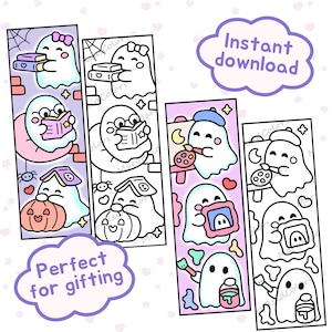 May include: Four rectangular bookmarks featuring ghost illustrations in both color and black-and-white line art. The designs include ghosts reading books, painting, and holding pumpkins. Text in purple clouds reads Instant download and Perfect for gifting.