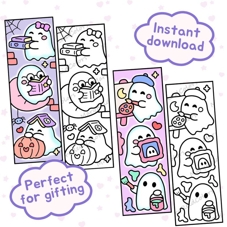 May include: Four rectangular bookmarks featuring ghost illustrations in both color and black-and-white line art. The designs include ghosts reading books, painting, and holding pumpkins. Text in purple clouds reads Instant download and Perfect for gifting.