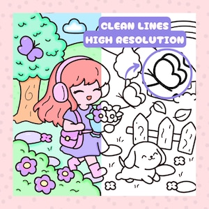 Peut inclure: Illustration num&eacute;rique d'une fille aux cheveux roses et avec un casque, tenant des fleurs, marchant dans un jardin. Un chiot, des papillons et des fleurs sont &eacute;galement pr&eacute;sents. L'image contient le texte "CLEAN LINES HIGH RESOLUTION".