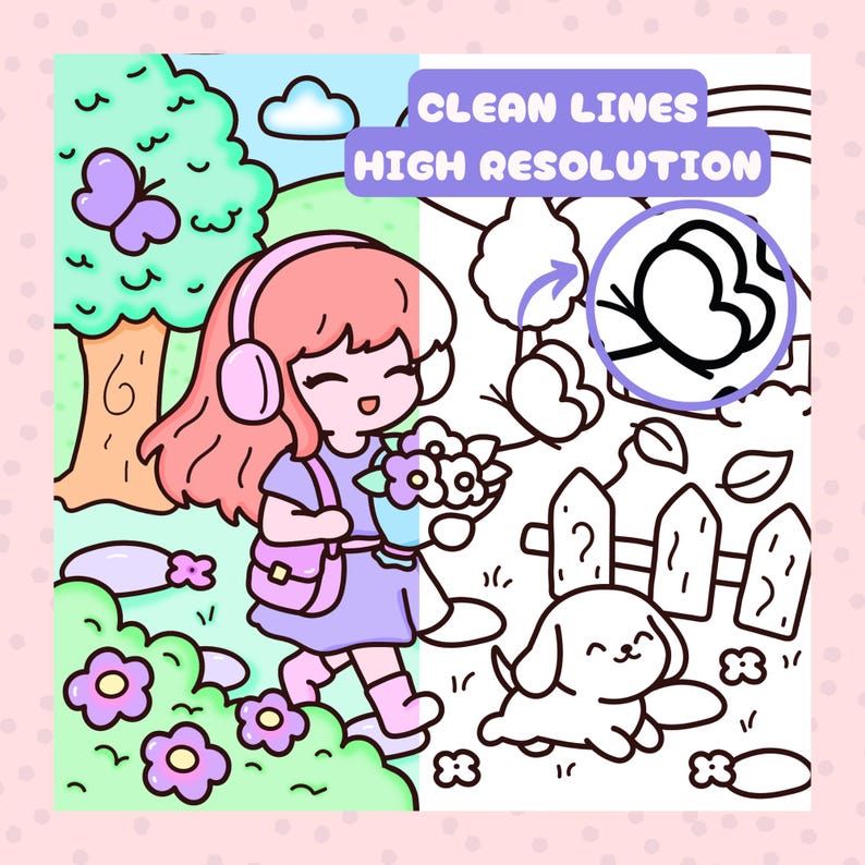 Peut inclure: Illustration num&eacute;rique d'une fille aux cheveux roses et avec un casque, tenant des fleurs, marchant dans un jardin. Un chiot, des papillons et des fleurs sont &eacute;galement pr&eacute;sents. L'image contient le texte "CLEAN LINES HIGH RESOLUTION".
