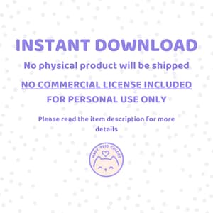 May include: Instant download graphic with the text "INSTANT DOWNLOAD", "No physical product will be shipped", "NO COMMERCIAL LICENSE INCLUDED", "FOR PERSONAL USE ONLY", and "Please read the item description for more details". A purple and white logo with a cat and the text "MARY REID COLORS" is in the bottom right corner.