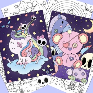 Páginas para colorear espeluznantes y kawaii, páginas para colorear espeluznantes y lindas, páginas para colorear lindas para imprimir, imprimibles para adultos, imprimibles kawaii, pastel goth.