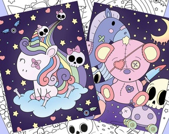 Dibujos para colorear kawaii espeluznantes: Imprimibles góticos pastel (PDF)