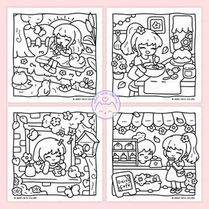 Peut inclure: Quatre pages &agrave; colorier en noir et blanc repr&eacute;sentant des filles de dessins anim&eacute;s dans diverses sc&egrave;nes. L'une boit dehors, une autre cuisine, une troisi&egrave;me est pr&egrave;s d'un nichoir et la derni&egrave;re dans un caf&eacute;. Chaque page contient le texte "MARY REID COLORS".