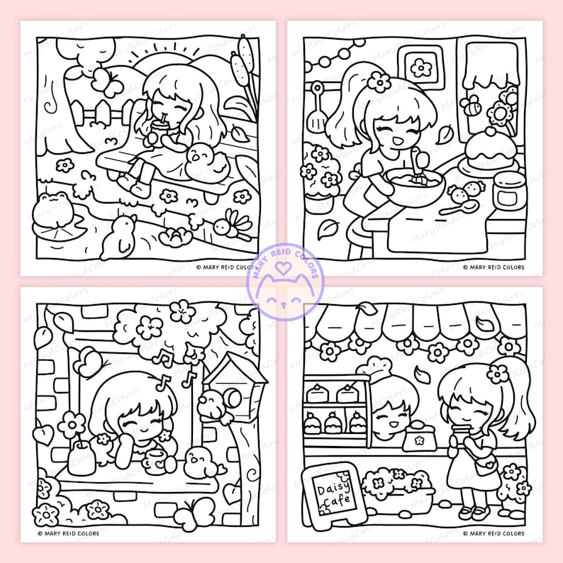 Peut inclure: Quatre pages &agrave; colorier en noir et blanc repr&eacute;sentant des filles de dessins anim&eacute;s dans diverses sc&egrave;nes. L'une boit dehors, une autre cuisine, une troisi&egrave;me est pr&egrave;s d'un nichoir et la derni&egrave;re dans un caf&eacute;. Chaque page contient le texte "MARY REID COLORS".