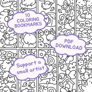 May include: A collection of black and white coloring bookmarks with various illustrations of animals, flowers, and other cute designs. The image includes the text "10 Coloring Bookmarks", "PDF Download", and "Support a small artist".