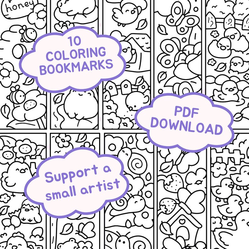 May include: A collection of black and white coloring bookmarks with various illustrations of animals, flowers, and other cute designs. The image includes the text "10 Coloring Bookmarks", "PDF Download", and "Support a small artist".