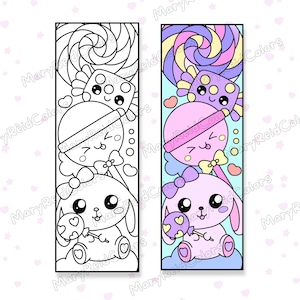 Puede incluir: Un marcap&aacute;ginas imprimible con un lindo conejito sosteniendo una piruleta. El marcap&aacute;ginas est&aacute; dise&ntilde;ado para colorear y presenta una variedad de elementos con tem&aacute;tica de dulces, incluyendo piruletas, corazones de caramelo y una piruleta en espiral.