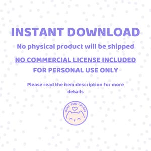 Peut inclure: Graphique de t&eacute;l&eacute;chargement num&eacute;rique avec les mots "INSTANT DOWNLOAD" en violet. Le texte indique "Aucun produit physique ne sera exp&eacute;di&eacute;" et "AUCUNE LICENCE COMMERCIALE INCLUSE POUR USAGE PERSONNEL UNIQUEMENT". Un logo avec un visage de chat est en bas &agrave; droite.