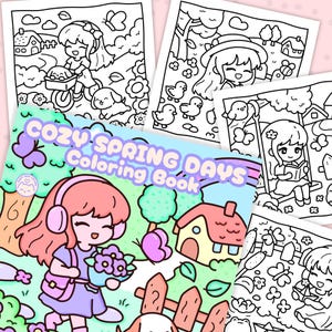 Peut inclure: Un livre de coloriage "Cozy Spring Days" avec une illustration de dessin anim&eacute; d'une fille avec un casque, des fleurs et un chien. Le livre est entour&eacute; de plusieurs pages &agrave; colorier en noir et blanc avec des sc&egrave;nes sur le th&egrave;me du printemps.