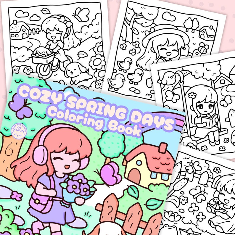 Peut inclure: Un livre de coloriage "Cozy Spring Days" avec une illustration de dessin anim&eacute; d'une fille avec un casque, des fleurs et un chien. Le livre est entour&eacute; de plusieurs pages &agrave; colorier en noir et blanc avec des sc&egrave;nes sur le th&egrave;me du printemps.