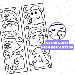 May include: Two vertical black and white coloring page strips featuring cartoon ghosts. One ghost holds an umbrella, another a coffee cup, and a third a bow. Other ghosts wear nightcaps, hold a lantern, or hug a teddy bear. Text reads CLEAN LINES HIGH RESOLUTION.
