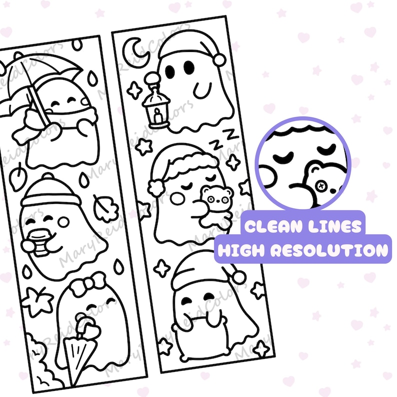 May include: Two vertical black and white coloring page strips featuring cartoon ghosts. One ghost holds an umbrella, another a coffee cup, and a third a bow. Other ghosts wear nightcaps, hold a lantern, or hug a teddy bear. Text reads CLEAN LINES HIGH RESOLUTION.