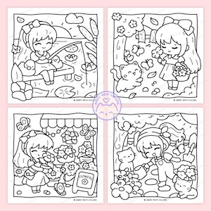 Peut inclure: Quatre pages &agrave; colorier en noir et blanc repr&eacute;sentant des personnages de dessins anim&eacute;s mignons. L'une montre une fille p&ecirc;chant, une autre avec un chat et des papillons, une troisi&egrave;me dans une boutique de fleurs et la derni&egrave;re arrosant des fleurs. Le texte "MARY REID COLORS" est pr&eacute;sent.