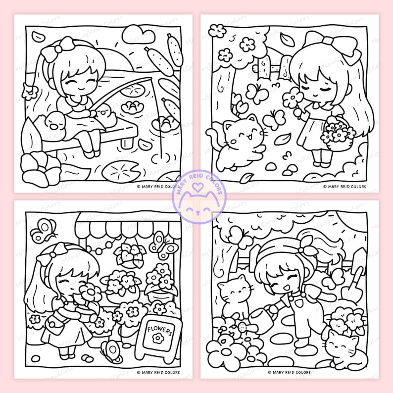 Peut inclure: Quatre pages &agrave; colorier en noir et blanc repr&eacute;sentant des personnages de dessins anim&eacute;s mignons. L'une montre une fille p&ecirc;chant, une autre avec un chat et des papillons, une troisi&egrave;me dans une boutique de fleurs et la derni&egrave;re arrosant des fleurs. Le texte "MARY REID COLORS" est pr&eacute;sent.