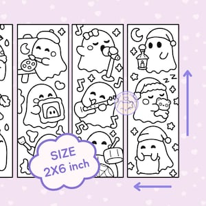 May include: A set of three vertical bookmarks featuring black and white line art of cartoon ghosts engaged in various activities like painting, singing, and sleeping. The bookmarks measure 2x6 inches and include musical notes, stars, and moons.