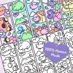 May include: A selection of illustrated bookmarks with vibrant designs. The bookmarks depict scenes with bees, frogs, birds, and butterflies. The text "honey" is visible, along with a heart-shaped emblem reading "100% Human Made".