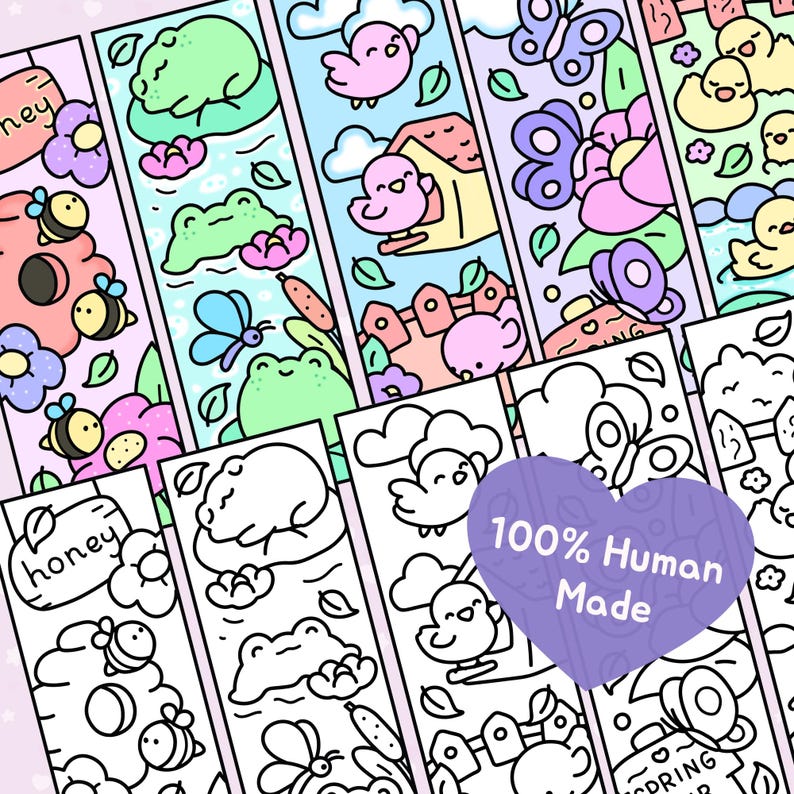 May include: A selection of illustrated bookmarks with vibrant designs. The bookmarks depict scenes with bees, frogs, birds, and butterflies. The text "honey" is visible, along with a heart-shaped emblem reading "100% Human Made".