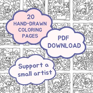 Peut inclure: Pages de coloriage en noir et blanc avec des illustrations de personnages mignons dans diverses sc&egrave;nes. Le texte comprend "20 pages de coloriage dessin&eacute;es &agrave; la main", "T&eacute;l&eacute;chargement PDF" et "Soutenez un petit artiste".