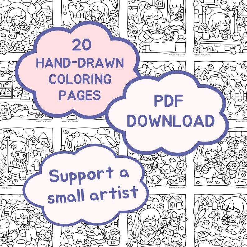 Peut inclure: Pages de coloriage en noir et blanc avec des illustrations de personnages mignons dans diverses sc&egrave;nes. Le texte comprend "20 pages de coloriage dessin&eacute;es &agrave; la main", "T&eacute;l&eacute;chargement PDF" et "Soutenez un petit artiste".
