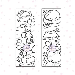 May include: Two black and white bookmarks with whimsical illustrations. One features bees, flowers, and the word "honey." The other depicts a frog, a sleeping animal, and other nature elements. The designs are outlined with black lines.