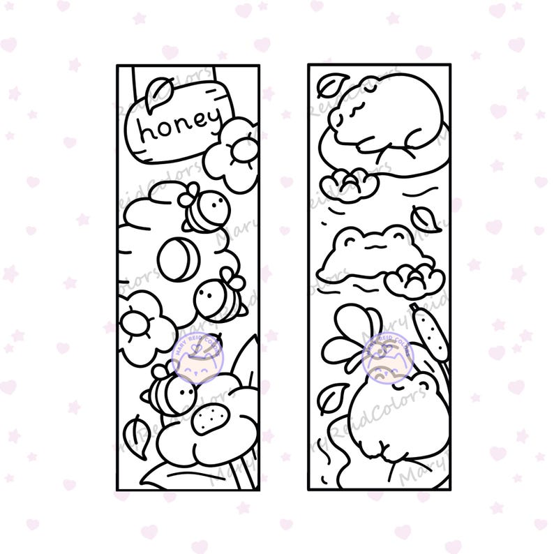 May include: Two black and white bookmarks with whimsical illustrations. One features bees, flowers, and the word "honey." The other depicts a frog, a sleeping animal, and other nature elements. The designs are outlined with black lines.