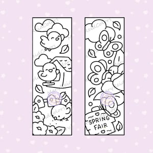 May include: Two black and white bookmarks with spring-themed illustrations. One features birds, clouds, and leaves. The other shows butterflies, leaves, and a sign that reads "SPRING FAIR".