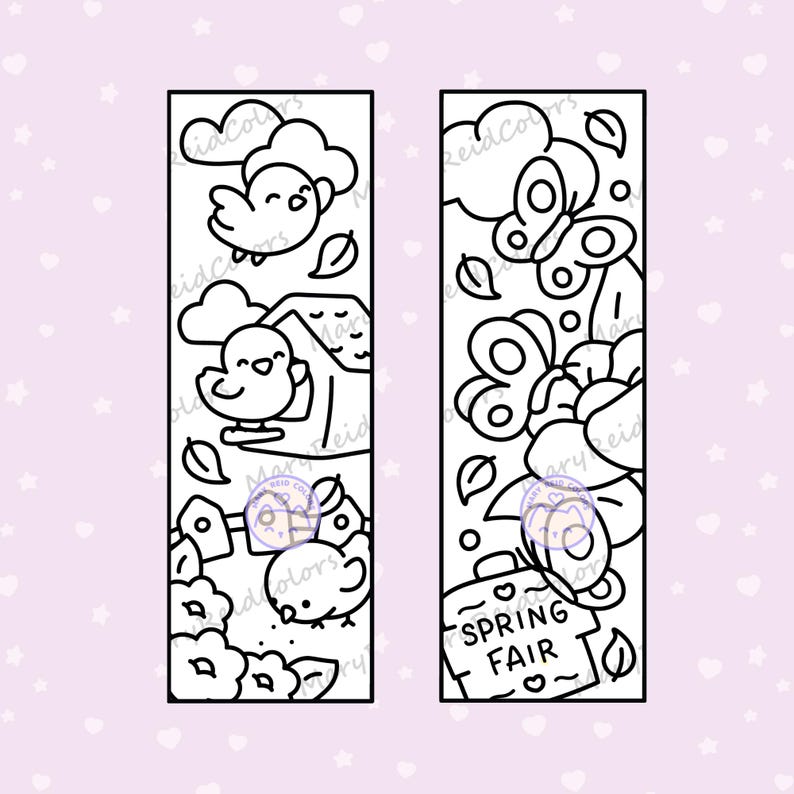 May include: Two black and white bookmarks with spring-themed illustrations. One features birds, clouds, and leaves. The other shows butterflies, leaves, and a sign that reads "SPRING FAIR".