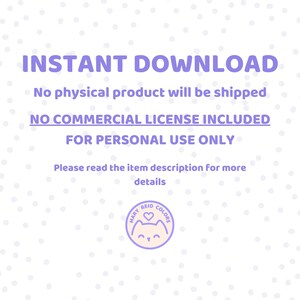 May include: Instant download graphic with the text "INSTANT DOWNLOAD", "No physical product will be shipped", "NO COMMERCIAL LICENSE INCLUDED", "FOR PERSONAL USE ONLY", and "Please read the item description for more details". A purple and white logo with a cat and the text "MARY REID COLORS" is in the bottom right corner.