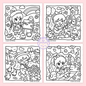 Peut inclure: Quatre pages &agrave; colorier en noir et blanc repr&eacute;sentant des filles de dessins anim&eacute;s dans des sc&egrave;nes ext&eacute;rieures. Chaque illustration comprend des fleurs, des oiseaux et d'autres &eacute;l&eacute;ments. Le texte "MARY REID COLORS" est en bas de chaque page.