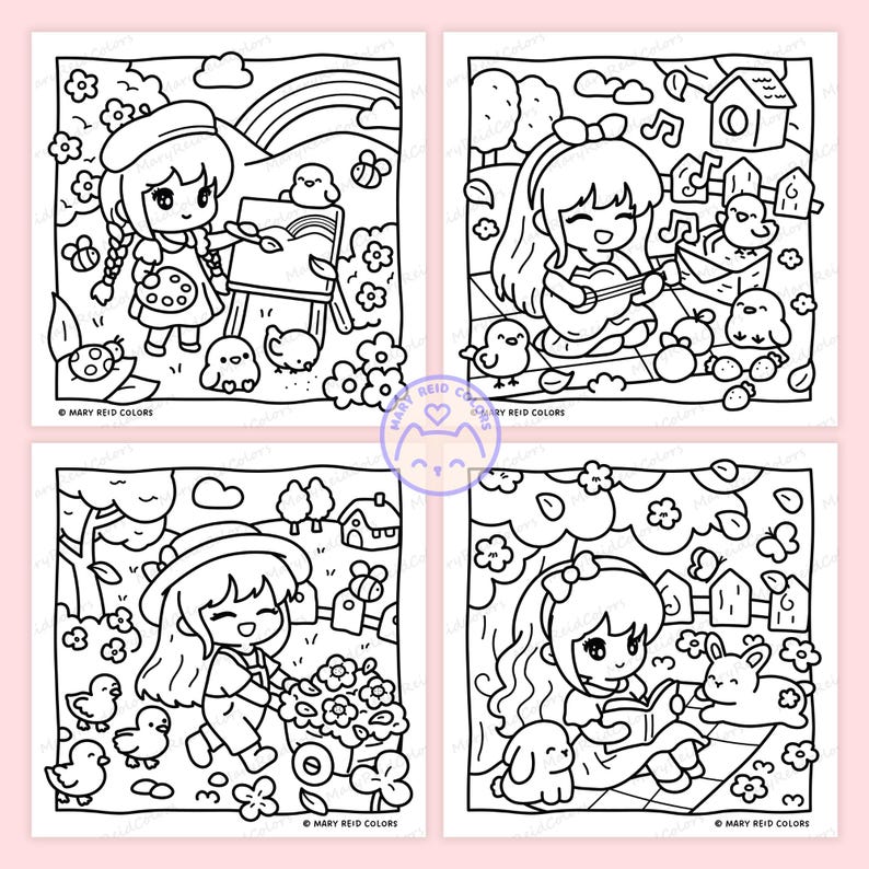 Peut inclure: Quatre pages &agrave; colorier en noir et blanc repr&eacute;sentant des filles de dessins anim&eacute;s dans des sc&egrave;nes ext&eacute;rieures. Chaque illustration comprend des fleurs, des oiseaux et d'autres &eacute;l&eacute;ments. Le texte "MARY REID COLORS" est en bas de chaque page.