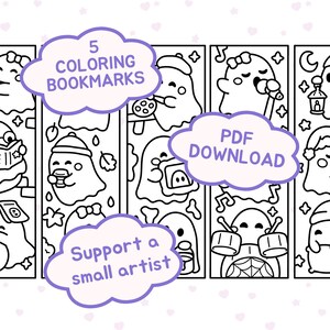 May include: Five black and white printable bookmarks featuring line art illustrations of ghosts engaged in various activities like singing, drumming, and reading. The image includes text overlays that read 5 COLORING BOOKMARKS, PDF DOWNLOAD, and Support a small artist.